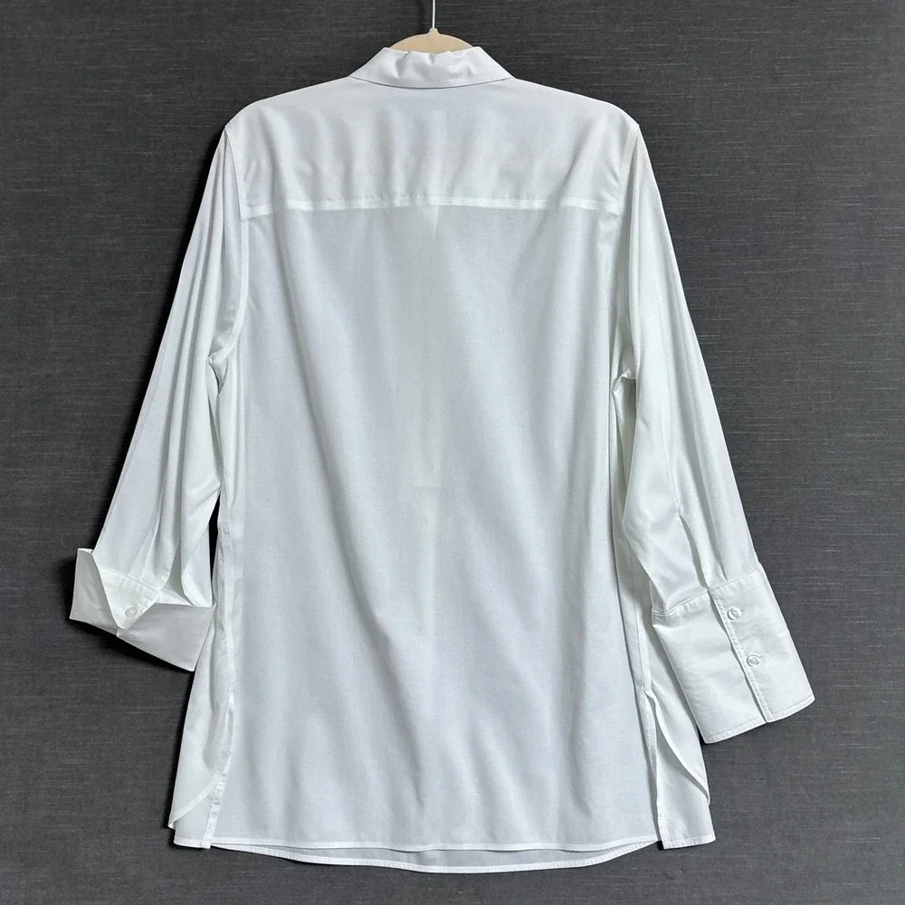 Chicos Top 2.5 M US 14 White Cotton No Iron Tunic Button Popover Career Classic